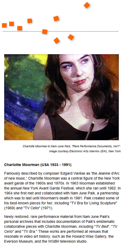 Charlotte Moorman wall graphic with photo of her and wall text about her life and work