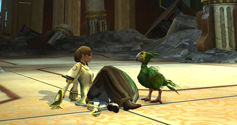 ScreenCap from Star Wars: The Old Republic, in front of the old Jedi Temple on Coruscant, a large tile floor with Ravanel's avatar sitting on the floor and her pet Orokeet facing her
