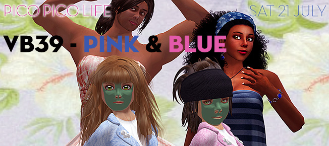 Image of four avatars, Man, Woman, Girl, and Boy, the woman and girl dressed in blue and the man and boy dressed in pink, with the text "VB39 - Pink & Blue"