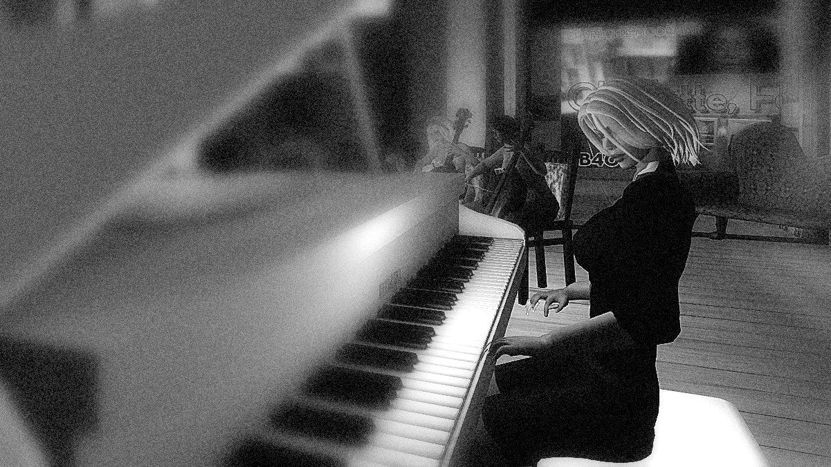 B&W Photo of Pianist Pixelated Gina performing on a white, grand piano, at Gallery Xue / NYC