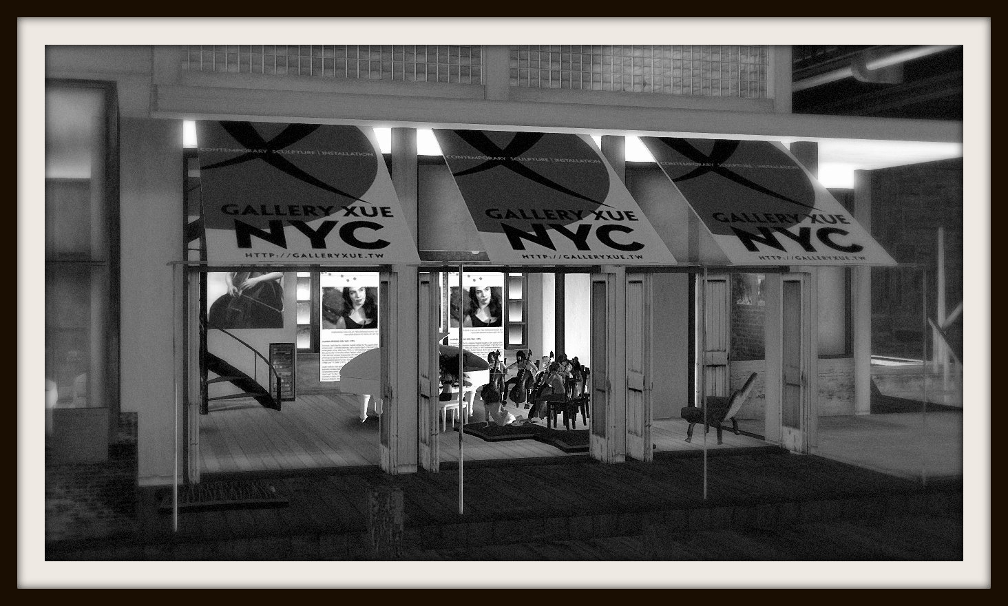 B&W photograph of performers at Gallery Xue / NYC performing in VB40 Charlotte, Forever!