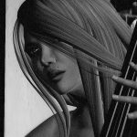 B&W photograph of cellist Pennyroyal Calamity performing at Gallery Xue / NYC