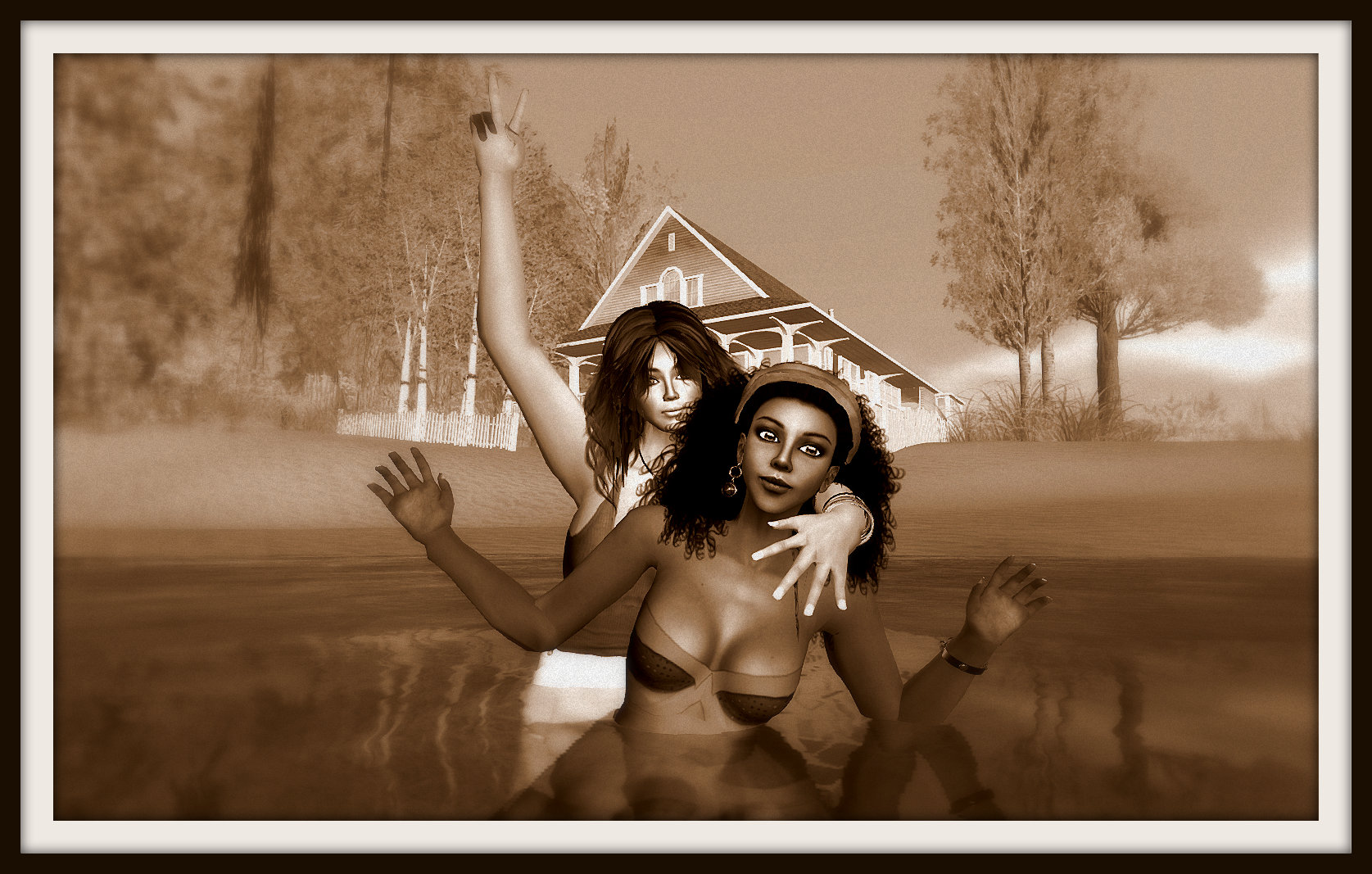 Yordie Sands & Vaneeesa Blaylock playing in shallow water outside Sands' virtual home in Second Life