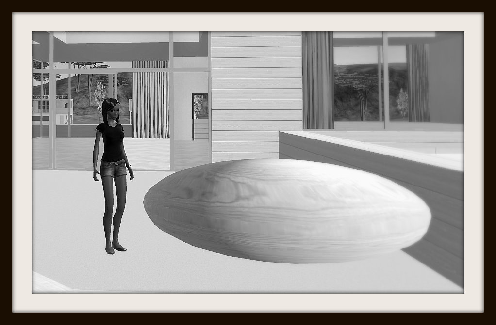 Vaneeesa Blaylock on the sun deck of a virtual house in Cloud Party with a large wooden orb