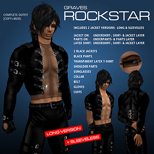 Advertising poster image for Graves "Rock Star" showing a male avatar with an open leather jacket with many buckles and leather pants