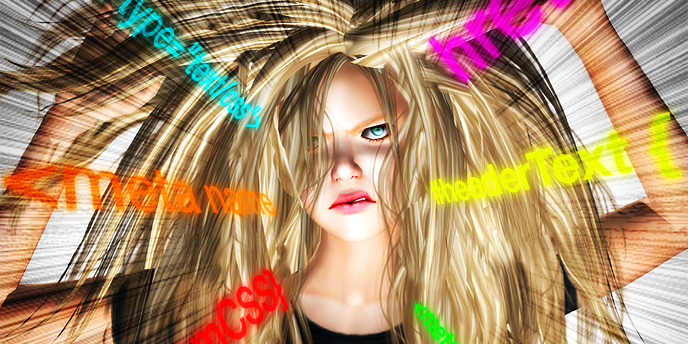 Image of Second Life Avatar pulling her hair out with various HTML text in glowing letters over her image