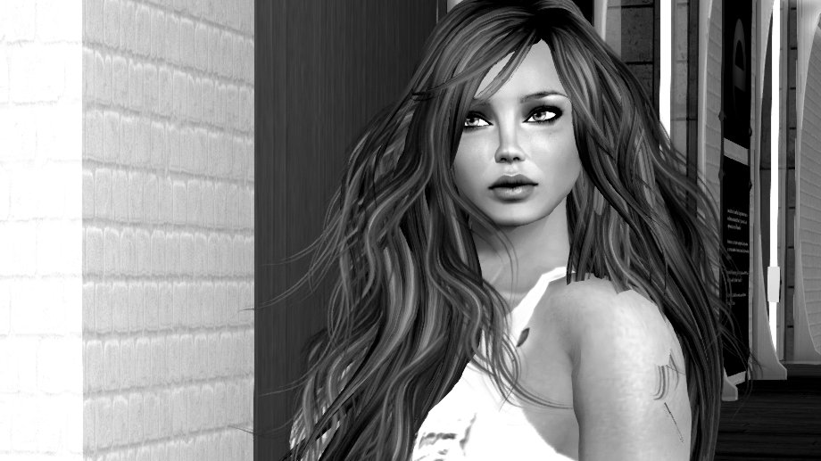 B&W photo of Fiona Blaylock at Exile Hair Salon in Second Life