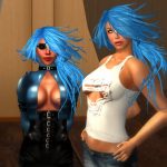 Color photo of Vaneeesa Blaylock and Fiona Blaylock at Exile Hair Salon after bleaching and dying their hair blue