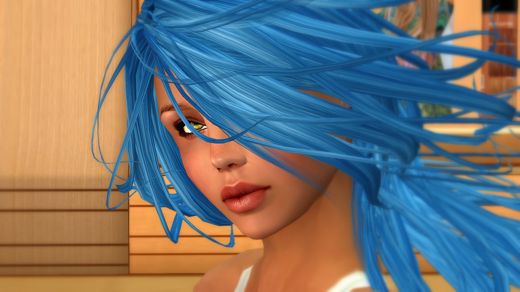 Close-up color photo of Fiona Blaylock in blue hair at Exile Hair Salon