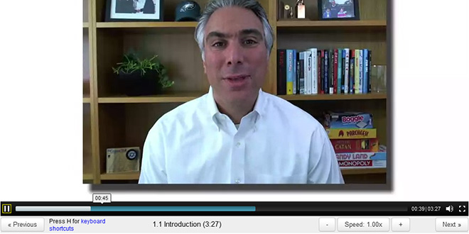 Screen Cap of Professor Kevin Werbach of Wharton Business School teaching Gamification course at Coursera online