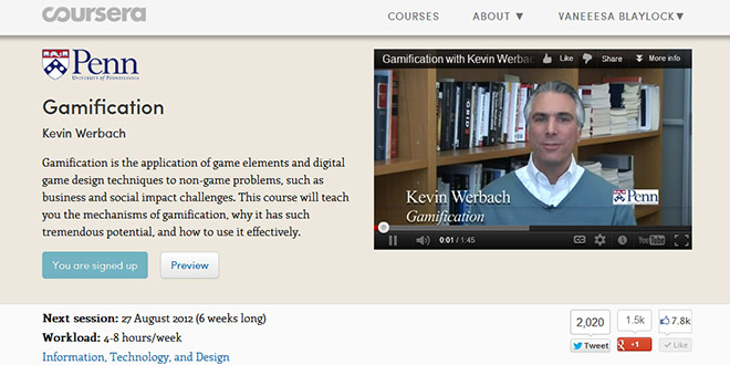 ScreenCap of Prof Kevin Werbach's Gamification course home page on the Coursera website
