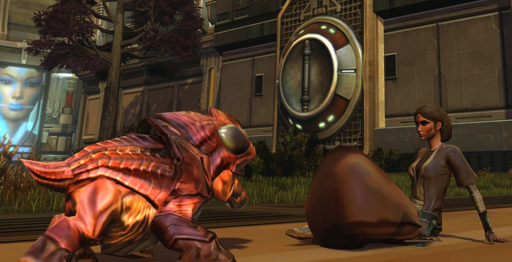 ScreenShot from Star Wars: The Old Republic of a large, pink, scaly critter approaching Ravanel's avatar, who is sitting on the floor of some Star Wars interior