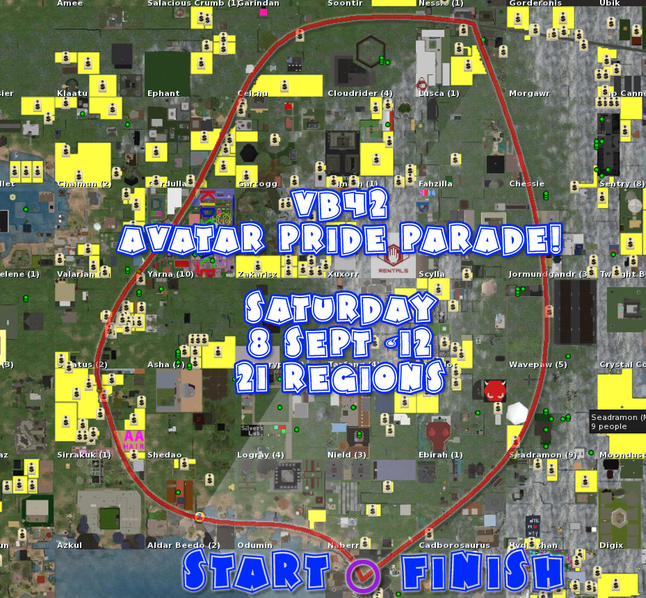 Second Life Map showing path of 21 region Avatar Pride Parade