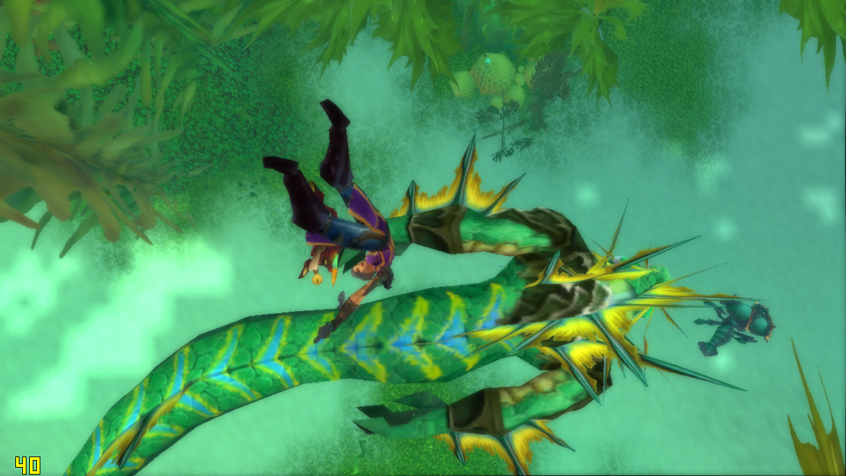 ScreenShot from World of Warcraft, Avatar Viya, lies unconscious next to a giant, angry Naga.