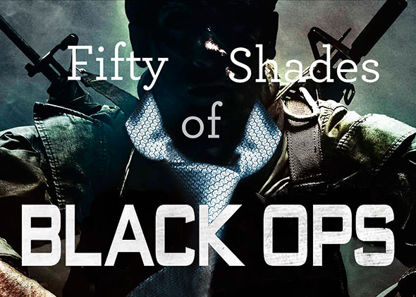 Event Poster for Joseph DeLappe's mixed-reality performance artwork "Fifty Shades of Black Ops" where he reads live from Fifty Shades of Grey at Arse Elektronika at the Center for Sex and Culture in San Francisco and simultaneously in-game in Call of Duty: Black Ops