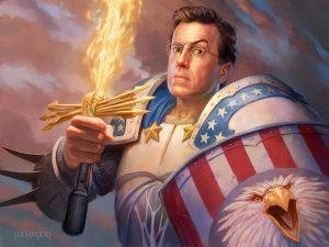 Illustration of Stephen Colbert in Red, White & Blue armor and wielding a flaming sword