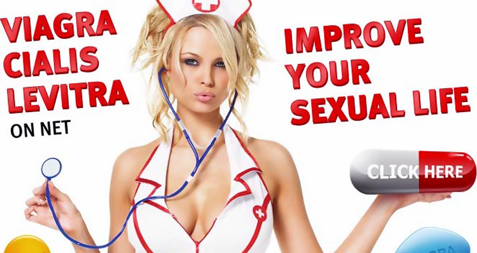 Photo of "sexy nurse" in vinyl latex nurse uniform advertising mail order viagra, cialis and other drugs