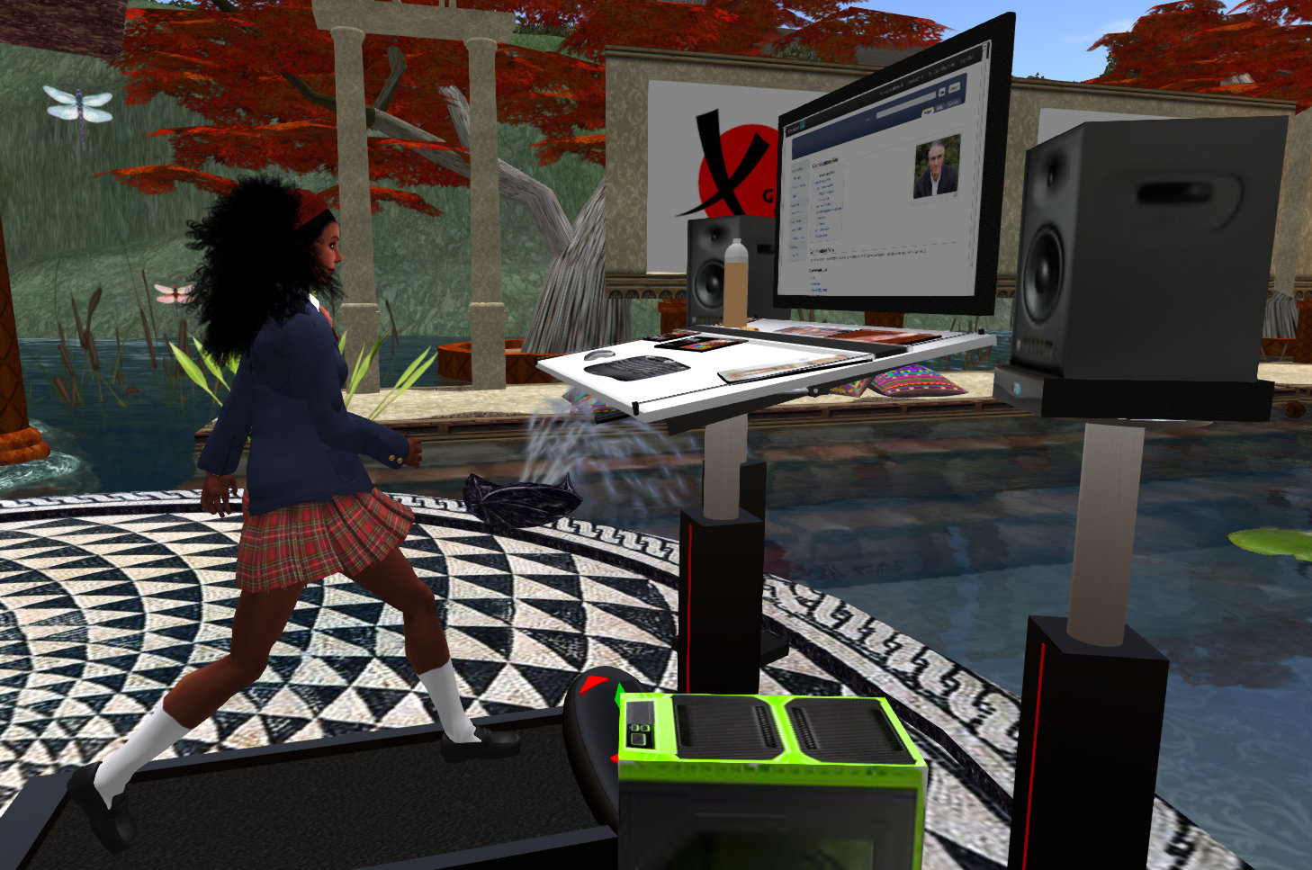 Student Diversity: ScreenCap of Vaneeesa Blaylock walking on her "treadmill desk" in the VB28 Roman Villa while watching Gamification lectures by Kevin Werbach