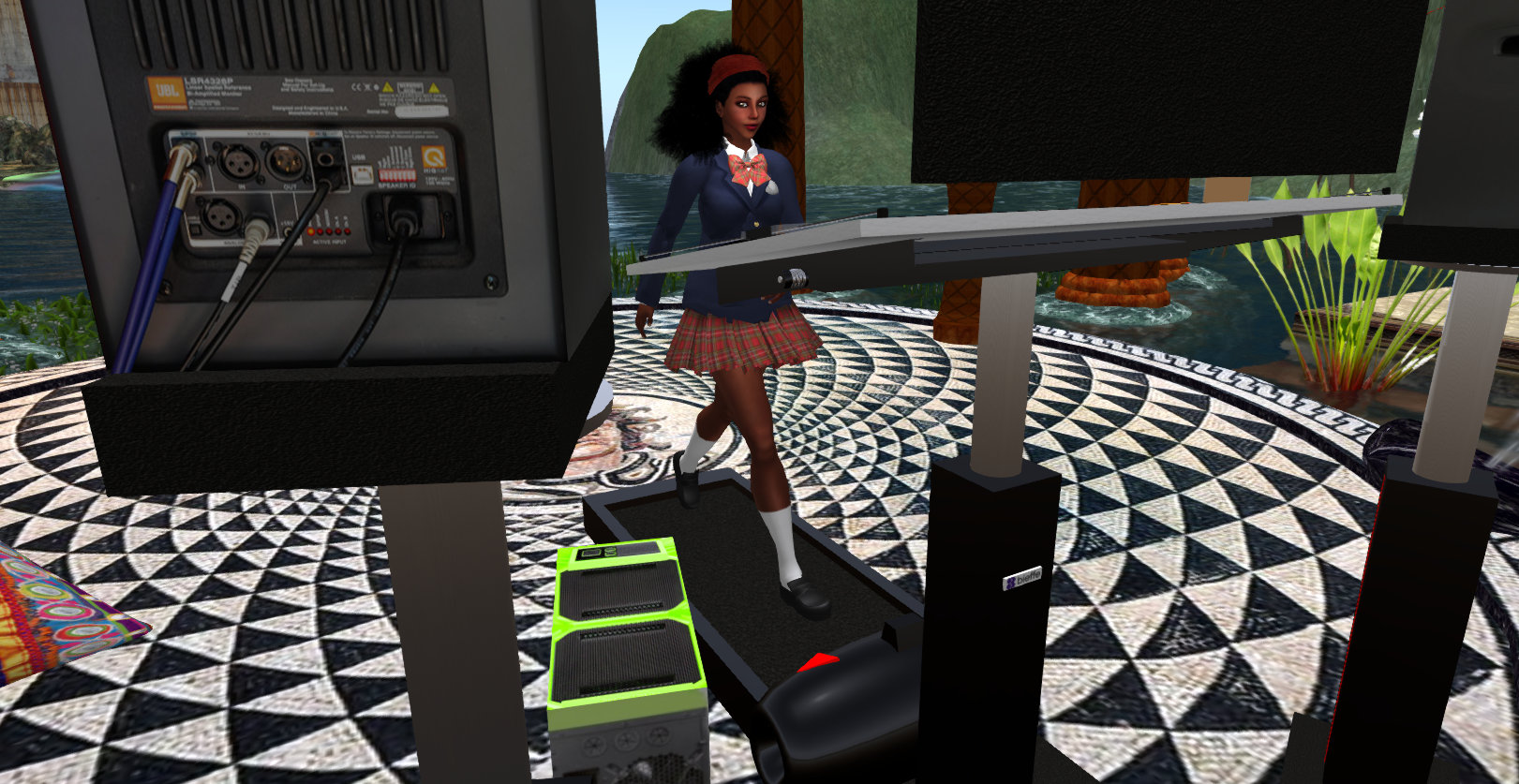 Student Diversity: ScreenCap of Vaneeesa Blaylock walking on her "treadmill desk" in the VB28 Roman Villa while watching Gamification lectures by Kevin Werbach