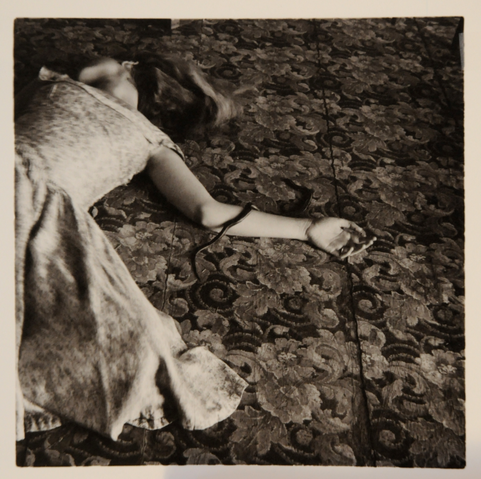1989 diary image of 20-year-old Vanessa Blaylock lying, face up but turned to the side, spread out in a flowing dress, on a carpeted floor with a small snake crawling across her elbow