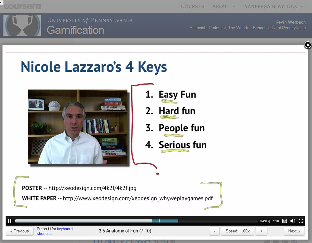 ScreenCap of Gamification Lecture 3 by Kevin Werbach with chart of Nicole Lazzaro's 4 Keys