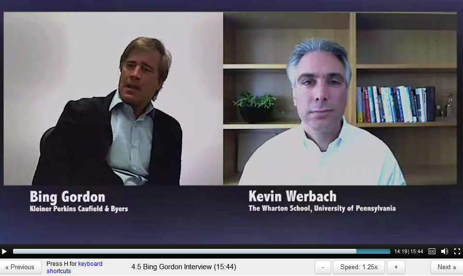 ScreenCap from Gamification Lecture 4 by Kevin Werback of Coursera and the Wharton School - Interview with Bing Gordon
