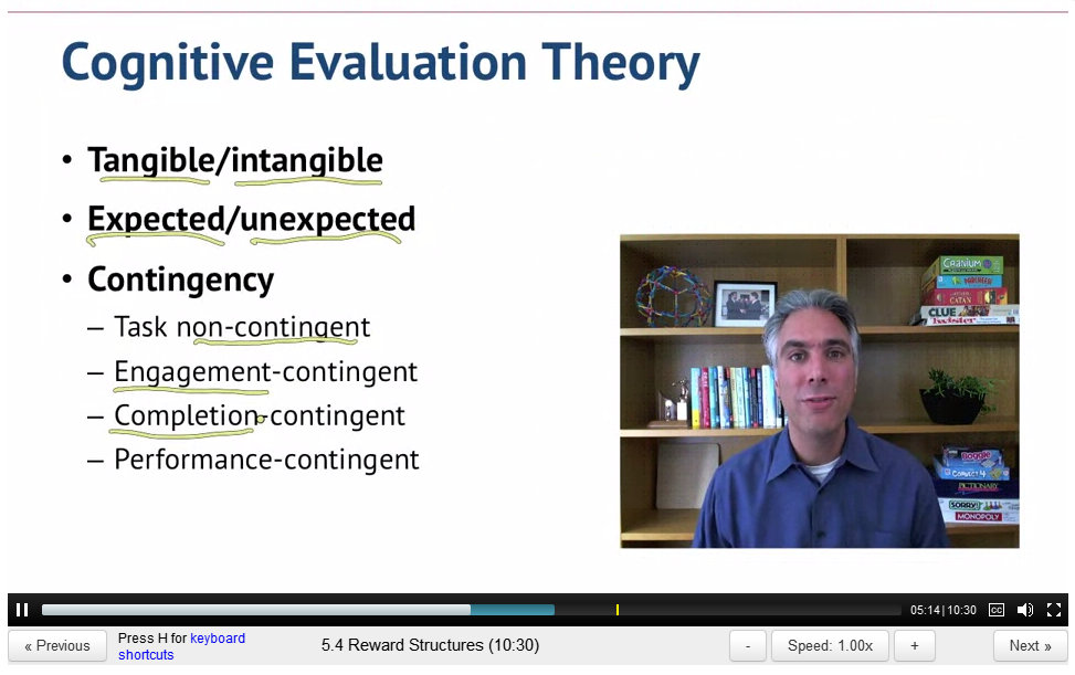 ScreenCap of Gamification lecture 5 by Kevin Werbach: Cognitive Evaluation Theory