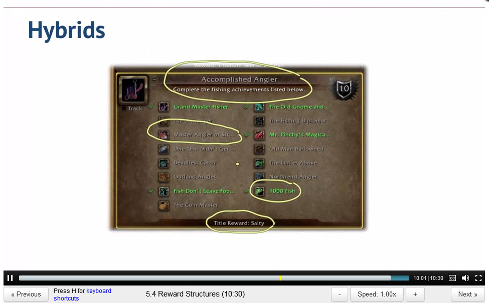 ScreenCap of Gamification lecture 5 by Kevin Werbach showing World of Warcraft fishing achievements screen