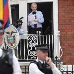 Image of Julian Assange speaking from the balcony of the Ecuadorian embassy in London, from Katie Vizenor's article on Digital Citizenship