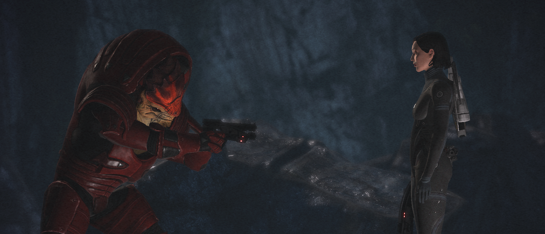 A sturdy krogan (alien) in red armour threatens to shoot a woman to the right in black armour.