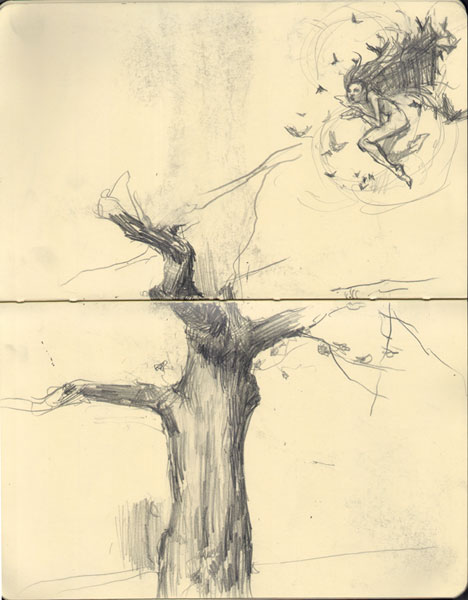 Vaneeesa Blaylock's Artist's Sketchbook, Hong Kong Academy for Performing Arts, 7 October 1990. Image of "flying" dancer circling around an old, broken tree. Graphite in sketchbook.