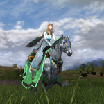 Elf in light blue dress on her steed of many colours riding through the plains of Rohan
