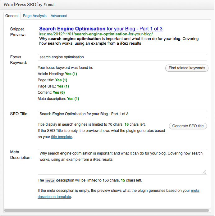 An image showing the Search Engine Optimisation WordPress Plug in from Yoast