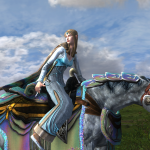 Close up of a fancy dressed elf walking backwards on her many coloured steed
