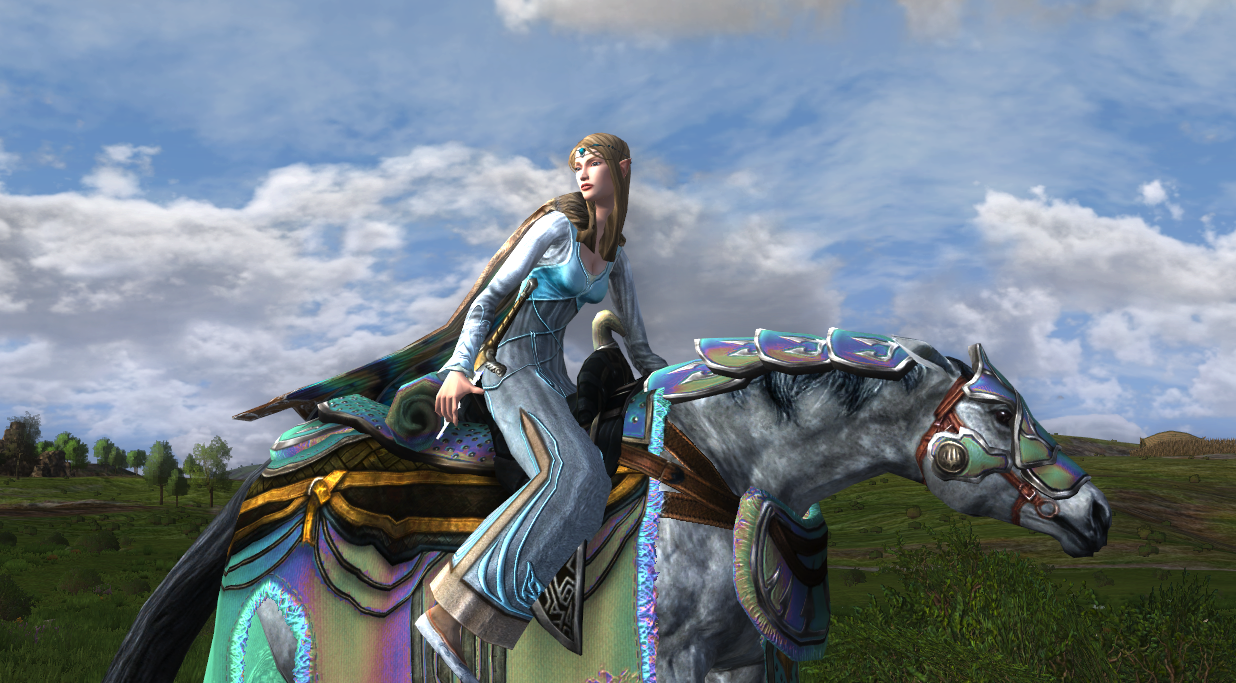 Close up of a fancy dressed elf walking backwards on her many coloured steed