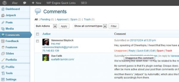 ScreenCap of WordPress Backend (Dashboard) showing comment page, which does NOT work with the Disqus plugin