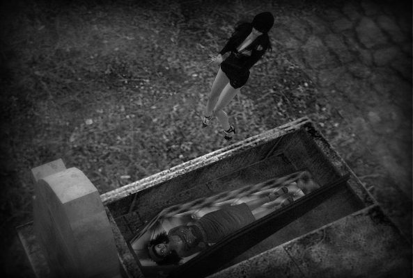 Grainy black and white photo, overhead image, of one person looking at another in a coffin in the ground. The death of the individual a metaphor here for The Death of Second Life