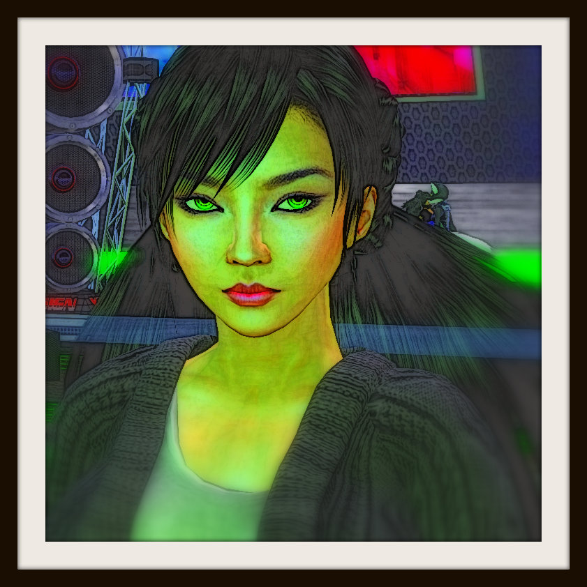 cross-processed color photo (showing characteristic acid-greenish tones) of Xue Faith. Cropped to headshot.
