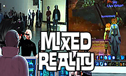Button linking to the "Mixed Reality" posts on iRez. The button is an image of a performance work by Liz Solo featuring her "avatar" in 3 worlds: World of Warcraft, Second Life, and a physical Vancouver Art Gallery. Over this image is the text "Mixed Reality" set in the typeface Ed Interlock from Ed Benguiat and House Industries