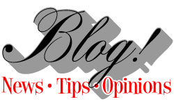 The word "Blog" in flowing script (Davison Spencerian from House Industries) and the small words underneath it "News, Tips, Opinions" This "button" links to the extensive library of posts on blogs on the iRez Virtual Salon
