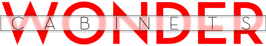 Graphic typography of "Wonder Cabinets," with "Wonder" in large red letters and "Cabinets" superimposed in small black letters. Both words set in Neutraface from House Industries. (typeface inspired by lettering of late American architect Richard Neutra) The small black "Cabinets" in the light weight on top of the large red Wonder in the bold weight.