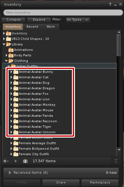 Image of Second Life avatar inventory showing Animal Avatars in the Library