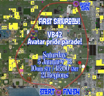 Map of the Second Life Mainland, showing the route of the Avatar Pride Parade