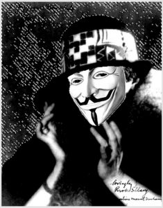 Photo of Rrose Selavy wearing (or photo superimposed) a V for Vendetta mask