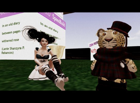 Two avatars sitting on the grass, one human (Xue Faith) and one a Tiny Tiger (Special Jewell)