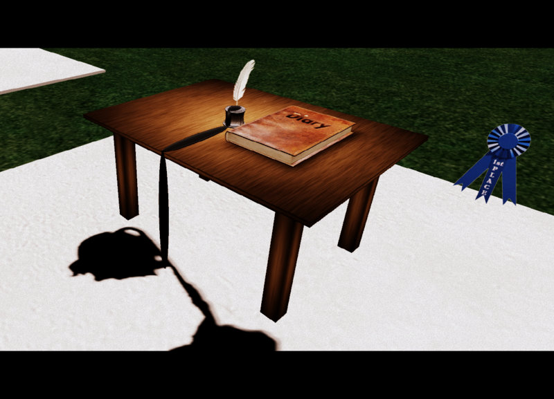 Photograph of a Haiki Speedbuild entry showing a book and ink-pen on a desk with ink running off the desk, to the ground, and across the floor