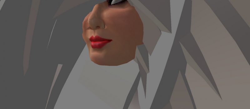 Glitch Art Image - an avatar with unrendered hair that is large polygons of textureless grey
