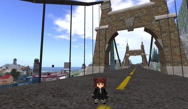Tiny Vaneeesa Blaylock on a large suspension bridge across a stream feeding into the large lake at the center of Second Life's Jovian Moon sim regions of the mainland.