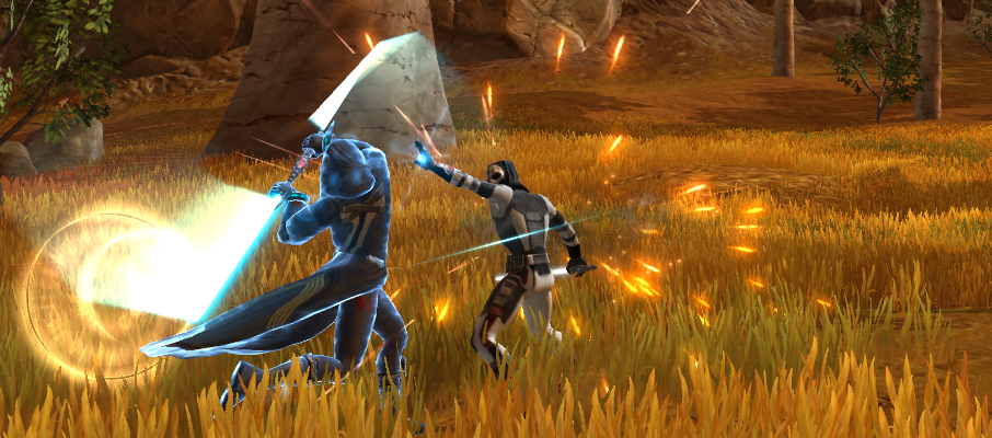 A double-bladed jedi attacking a single-bladed sith