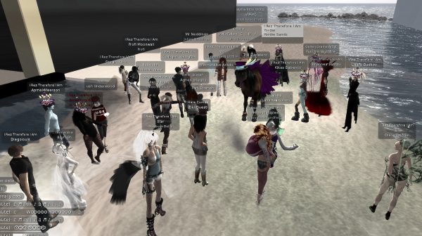 Wide shot of VB42 Avatar Pride Parade participants at the parade start on the Long Island University region of the 3D virtual world of Second Life